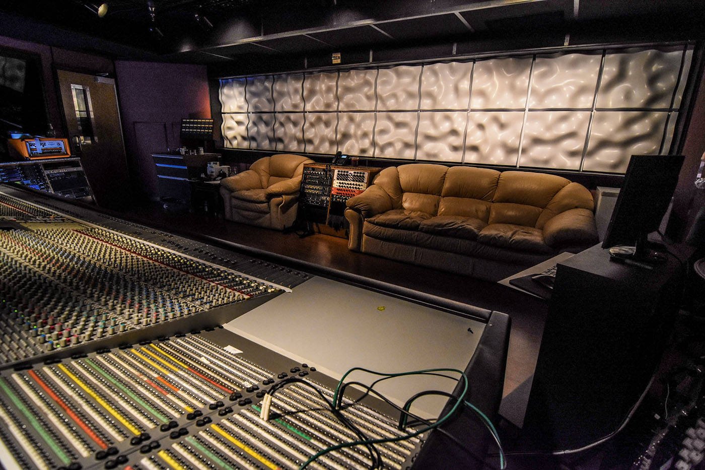 Angled view of Big3 Studios control room with Aeolian sound diffusers