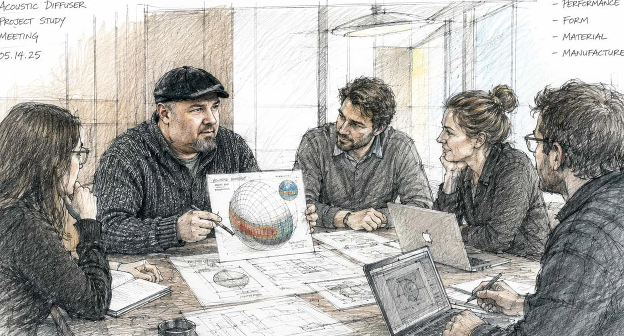 Hand-drawn design meeting around acoustic diffuser studies and technical drawings.