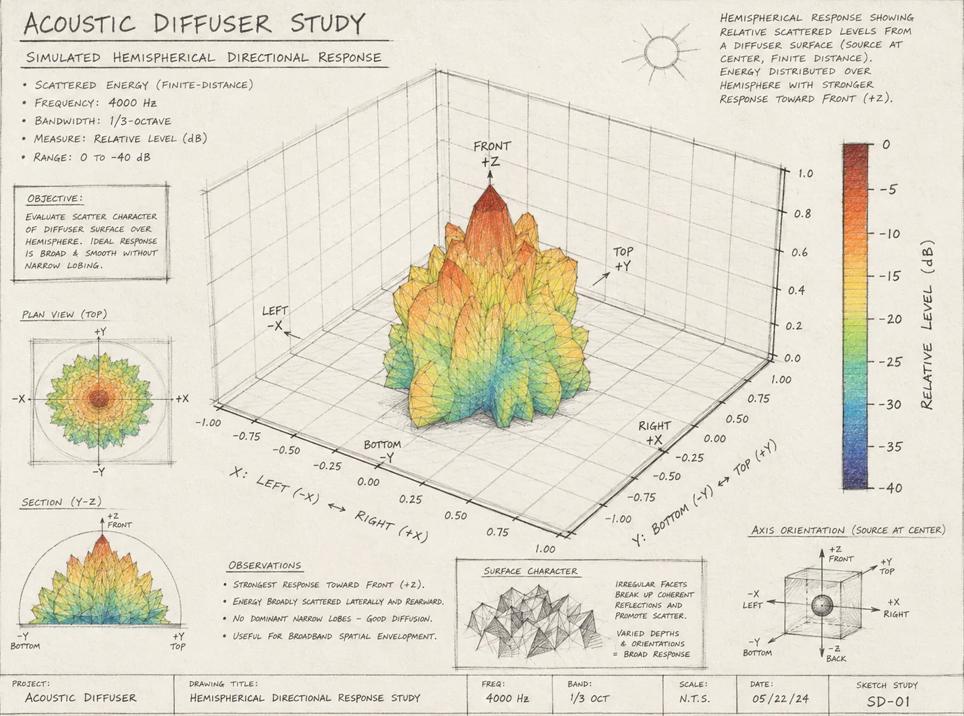 Hand-drawn spherical acoustic simulation and diffuser visualization.