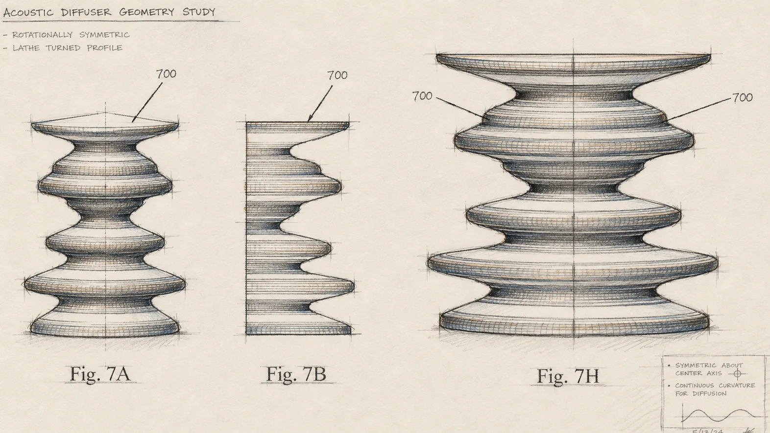 Hand-drawn acoustic diffuser geometry study with elevation, section, and profile views.