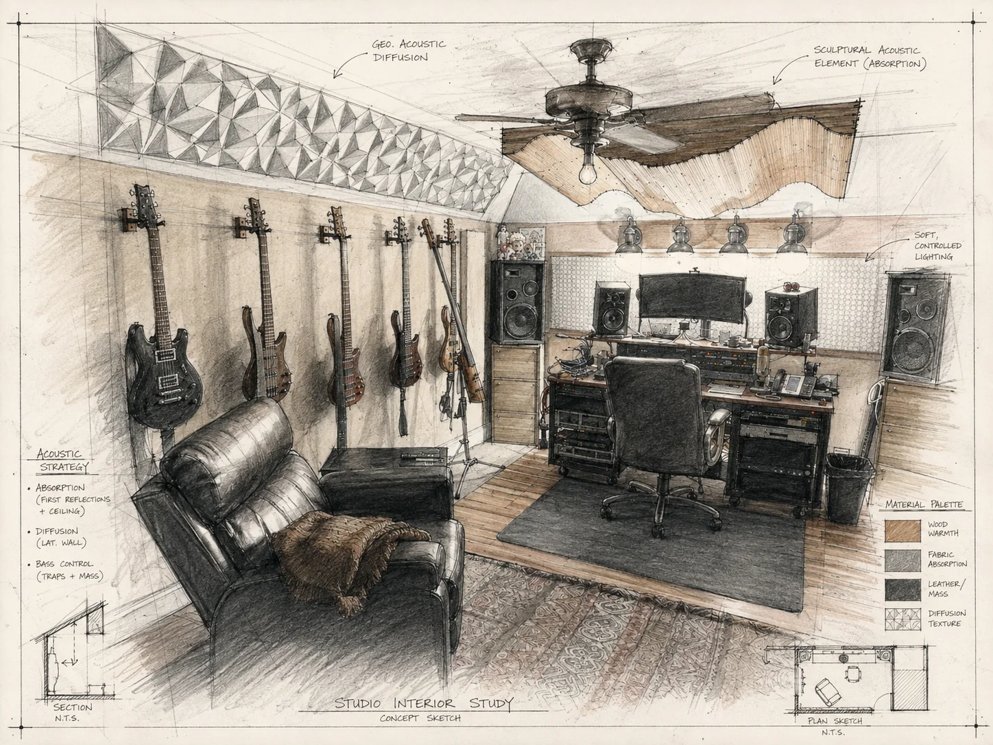Studio interior concept sketch showing guitars, workstation, speakers, geometric diffusion, and sculptural acoustic elements